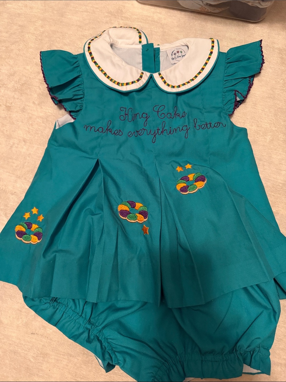 Green Girls Dress & Bloomers Set with 'King Cake' Embroidery